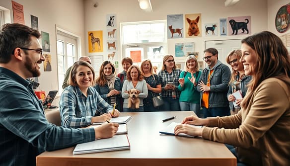 A vibrant scene depicting a group of diverse student scientists engaged in a breed project interview. In the foreground, two students, one male and one female, are seated at a table with notebooks and recording devices, both dressed in professional casual attire. The middle ground features a variety of colorful breed enthusiasts and animal rescuers sharing their stories, with expressions of passion and engagement. The background shows a bright, well-lit community center, with posters of various animal breeds and resources on the walls. Soft sunlight filters through large windows, creating a warm and inviting atmosphere. The composition is shot at eye level to capture the emotional connections between the participants, emphasizing the collaborative nature of the interview process. A vibrant scene depicting a group of diverse student scientists engaged in a breed project interview. In the foreground, two students, one male and one female, are seated at a table with notebooks and recording devices, both dressed in professional casual attire. The middle ground features a variety of colorful breed enthusiasts and animal rescuers sharing their stories, with expressions of passion and engagement. The background shows a bright, well-lit community center, with posters of various animal breeds and resources on the walls. Soft sunlight filters through large windows, creating a warm and inviting atmosphere. The composition is shot at eye level to capture the emotional connections between the participants, emphasizing the collaborative nature of the interview process.