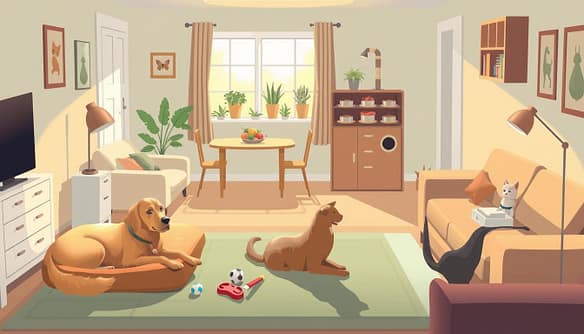 A visually engaging illustration depicting various animal placement strategies in a cozy, functional home environment. In the foreground, a well-organized living space showcases distinct areas tailored for different breeds: a spacious area with a large dog bed and toys for a Golden Retriever; a comfortable nook with a scratching post for a cat. In the middle ground, a small dining area features feeding stations designed for various pets, emphasizing their housing requirements. The background reveals a sunlit window with potted plants, conveying a warm and inviting atmosphere. The lighting is soft and inviting, enhancing the space's warmth, and the angle captures the arranged furniture with a slight perspective, creating depth. The overall mood is nurturing and supportive, ideal for fostering relationships between animals and families.