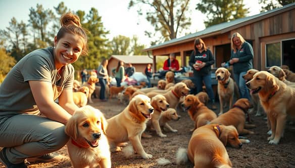 A warm, inviting scene showcasing a golden retriever rescue operation. In the foreground, a caring volunteer in casual attire kneels next to a playful golden retriever puppy, looking happy and engaged. The middle ground features several other volunteers working together, organizing supplies such as food and blankets, with numerous golden retrievers of various ages happily interacting with them. In the background, a well-kept rescue facility is visible, surrounded by trees under soft, natural lighting, creating a serene atmosphere. The scene is captured from a slightly elevated angle to fully display the bustling activity, exuding a sense of community, compassion, and dedication to the rescue efforts. Ideal for illustrating the importance of volunteer logistics in breed-specific rescue programs.