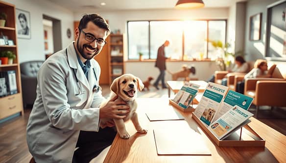 A bright, inviting veterinary clinic scene showcasing the importance of pet insurance and microchipping. In the foreground, a friendly veterinarian in a white coat is kneeling beside a happy puppy while gently inserting a microchip, symbolizing responsible pet ownership. The middle ground features a colorful display of pet insurance brochures and pamphlets on a sleek wooden table, creating an informative ambiance. In the background, a large window lets in warm sunlight, illuminating a cozy, well-decorated waiting area with other pets and their owners. The mood is reassuring and hopeful, emphasizing the theme of safety and care for beloved pets. The image is captured with a soft focus lens to enhance warmth and connection, with natural lighting that highlights the compassion and professionalism in the environment. A bright, inviting veterinary clinic scene showcasing the importance of pet insurance and microchipping. In the foreground, a friendly veterinarian in a white coat is kneeling beside a happy puppy while gently inserting a microchip, symbolizing responsible pet ownership. The middle ground features a colorful display of pet insurance brochures and pamphlets on a sleek wooden table, creating an informative ambiance. In the background, a large window lets in warm sunlight, illuminating a cozy, well-decorated waiting area with other pets and their owners. The mood is reassuring and hopeful, emphasizing the theme of safety and care for beloved pets. The image is captured with a soft focus lens to enhance warmth and connection, with natural lighting that highlights the compassion and professionalism in the environment.