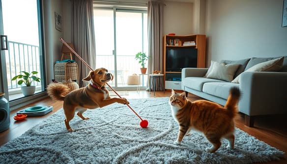 A cozy apartment living room filled with soft morning light, showcasing a friendly dog and a playful cat interacting on a plush rug. In the foreground, the dog is playfully reaching for a flirt pole, while the cat watches intently, ready to pounce. In the middle, a well-organized space reveals a few pet toys, a catio by a large window, and a small table with dog treats. The background features an inviting balcony with a potted plant and a city skyline visible through the glass door, hinting at a vibrant urban environment. The atmosphere is cheerful and warm, capturing a sense of companionship and the joy of pet ownership in an apartment setting. Use a wide-angle lens to enhance the sense of space and vibrancy. A cozy apartment living room filled with soft morning light, showcasing a friendly dog and a playful cat interacting on a plush rug. In the foreground, the dog is playfully reaching for a flirt pole, while the cat watches intently, ready to pounce. In the middle, a well-organized space reveals a few pet toys, a catio by a large window, and a small table with dog treats. The background features an inviting balcony with a potted plant and a city skyline visible through the glass door, hinting at a vibrant urban environment. The atmosphere is cheerful and warm, capturing a sense of companionship and the joy of pet ownership in an apartment setting. Use a wide-angle lens to enhance the sense of space and vibrancy.