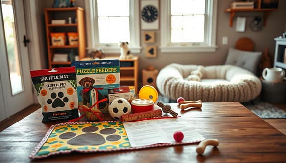 A cozy, well-lit room dedicated to a rescue pet, showcasing an organized supplies list laid out on a wooden table. In the foreground, a colorful assortment of breed-matched toys: a snuffle mat, a flirt pole, and puzzle feeders, all neatly displayed with a pet’s paw print in the corner. The middle layer shows a soft, plush dog bed next to the table, with a few chew toys artistically scattered around. In the background, a window lets in natural light, illuminating the scene and casting gentle shadows. The overall atmosphere is warm and inviting, suggesting a space where a new pet will feel comfortable and enriched. The composition should have a slight depth of field to keep the focus on the supplies while softly blurring the background. A cozy, well-lit room dedicated to a rescue pet, showcasing an organized supplies list laid out on a wooden table. In the foreground, a colorful assortment of breed-matched toys: a snuffle mat, a flirt pole, and puzzle feeders, all neatly displayed with a pet’s paw print in the corner. The middle layer shows a soft, plush dog bed next to the table, with a few chew toys artistically scattered around. In the background, a window lets in natural light, illuminating the scene and casting gentle shadows. The overall atmosphere is warm and inviting, suggesting a space where a new pet will feel comfortable and enriched. The composition should have a slight depth of field to keep the focus on the supplies while softly blurring the background.