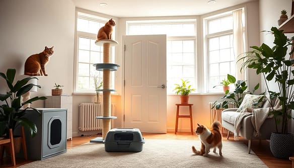 A cozy, well-lit room designed for multi-pet introductions featuring a resident cat observing from a safe vertical perch, such as a cat tree. In the foreground, there's a secure area with a litter box that blends into the room's decor, ensuring functionality without detracting from aesthetics. In the middle, a slow-unlocking door symbolizes the gradual introduction process, giving a sense of anticipation. The background showcases a neutral palette with soft pastel colors, large windows allowing natural light to pour in, and houseplants that create a calming atmosphere. A subtle glow enhances the warmth of the space, inviting both animals and readers to feel at ease. The scene captures a peaceful coexistence between pets, illustrating safety and care. A cozy, well-lit room designed for multi-pet introductions featuring a resident cat observing from a safe vertical perch, such as a cat tree. In the foreground, there's a secure area with a litter box that blends into the room's decor, ensuring functionality without detracting from aesthetics. In the middle, a slow-unlocking door symbolizes the gradual introduction process, giving a sense of anticipation. The background showcases a neutral palette with soft pastel colors, large windows allowing natural light to pour in, and houseplants that create a calming atmosphere. A subtle glow enhances the warmth of the space, inviting both animals and readers to feel at ease. The scene captures a peaceful coexistence between pets, illustrating safety and care.