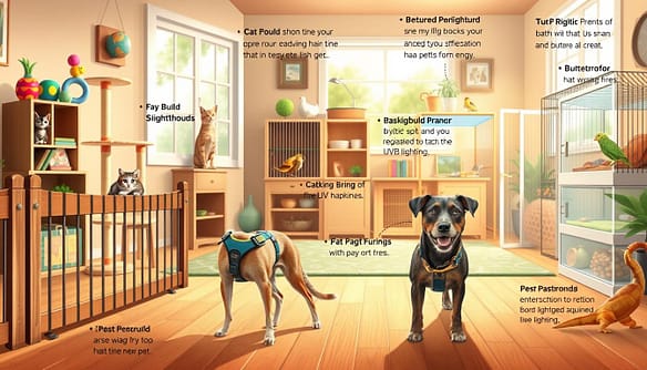 A detailed and informative illustration showcasing various pet species and breed specifics in a warm, inviting home environment. In the foreground, a playful sighthound wearing a comfortable harness nearby a sturdy fence. To the left, a cat tree adorned with vibrant toys and a curious cat peering out. The middle ground features a spacious area with birds in colorful cages and a basking reptile enclosure equipped with UVB lighting. The background shows a cozy room setting with soft natural lighting filtering through a window, creating a calm atmosphere. Use a wide-angle lens to capture the layout, focusing on the pet areas, while soft bokeh enhances the rear background, creating a harmonious space for new pets.
