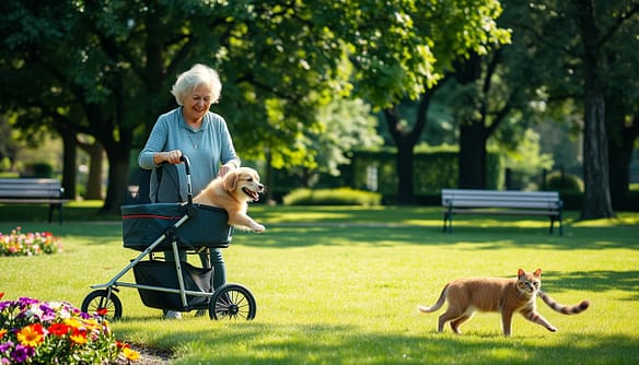 A serene park setting on a sunny day, featuring a joyful elderly woman in modest casual clothing gently pushing a pet stroller with a fluffy senior dog inside, while a playful older cat walks alongside her. In the foreground, a bright green lawn is dotted with colorful flowers and soft, inviting benches. The middle ground showcases the woman engaging in gentle mobility routines with the dog, perhaps stretching their paws or playing with a colorful toy. In the background, lush trees provide dappled sunlight, creating a calm and peaceful atmosphere. The image conveys warmth, compassion, and the importance of gentle exercise for senior pets, with soft lighting that enhances the comforting mood. A serene park setting on a sunny day, featuring a joyful elderly woman in modest casual clothing gently pushing a pet stroller with a fluffy senior dog inside, while a playful older cat walks alongside her. In the foreground, a bright green lawn is dotted with colorful flowers and soft, inviting benches. The middle ground showcases the woman engaging in gentle mobility routines with the dog, perhaps stretching their paws or playing with a colorful toy. In the background, lush trees provide dappled sunlight, creating a calm and peaceful atmosphere. The image conveys warmth, compassion, and the importance of gentle exercise for senior pets, with soft lighting that enhances the comforting mood.