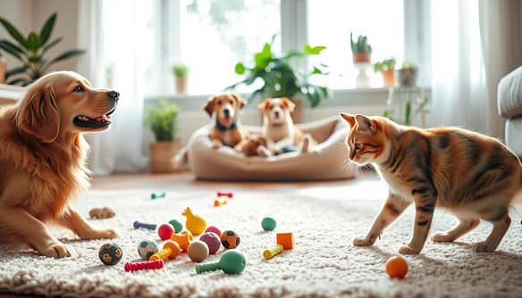 A warm, inviting scene capturing a harmonious multi-pet introduction in a sunlit living room. In the foreground, a friendly golden retriever and a curious tabby cat cautiously approach each other, surrounded by an array of colorful toys scattered on a plush rug. In the middle, two more resident pets—a calm beagle and an anxious guinea pig—observe from a cozy pet bed. The background shows a bright, airy space with cheerful houseplants and soft pastel-colored walls, enhancing the welcoming atmosphere. Soft, natural lighting filters through a large window, casting gentle shadows. The angle is slightly low to emphasize the pets’ interactions, conveying a sense of exploration and curiosity, while the overall mood is friendly and hopeful, illustrating the process of gentle introductions and gradual acceptance among pets. A warm, inviting scene capturing a harmonious multi-pet introduction in a sunlit living room. In the foreground, a friendly golden retriever and a curious tabby cat cautiously approach each other, surrounded by an array of colorful toys scattered on a plush rug. In the middle, two more resident pets—a calm beagle and an anxious guinea pig—observe from a cozy pet bed. The background shows a bright, airy space with cheerful houseplants and soft pastel-colored walls, enhancing the welcoming atmosphere. Soft, natural lighting filters through a large window, casting gentle shadows. The angle is slightly low to emphasize the pets’ interactions, conveying a sense of exploration and curiosity, while the overall mood is friendly and hopeful, illustrating the process of gentle introductions and gradual acceptance among pets.