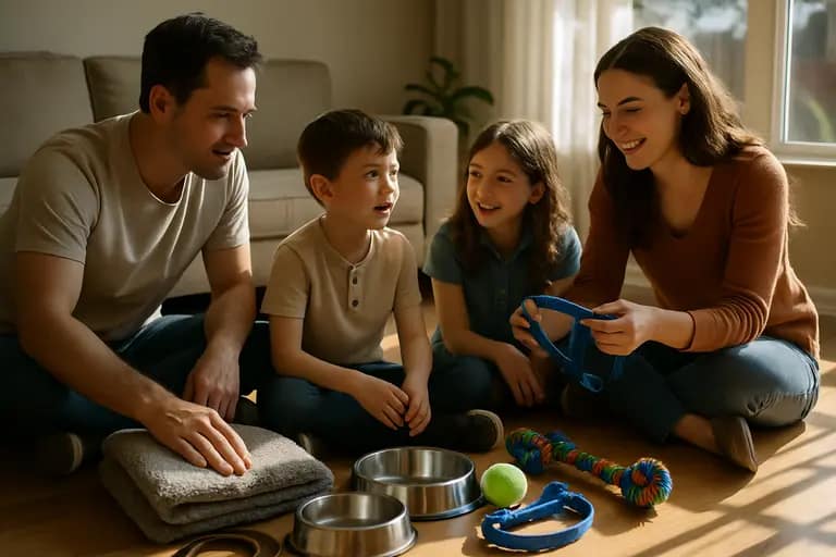 Family reviewing adoption papers and pet supplies before meeting animals