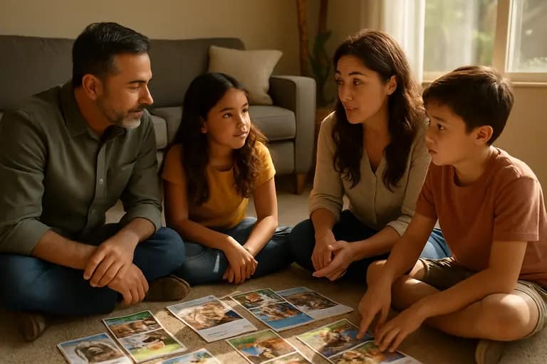 Family reviewing pet supplies at home before visiting an adoption event