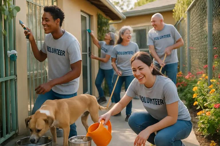Neighbors donating pet supplies near a shelter entrance on a sunny day