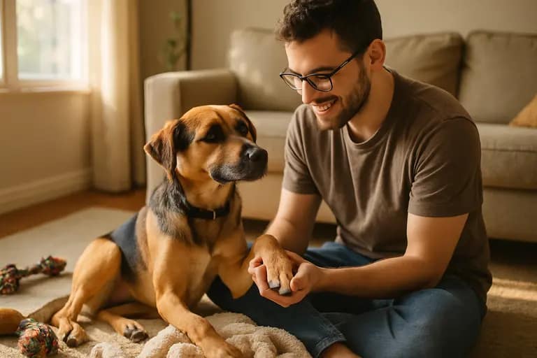 New adopter sitting quietly at home with a resting rescue dog