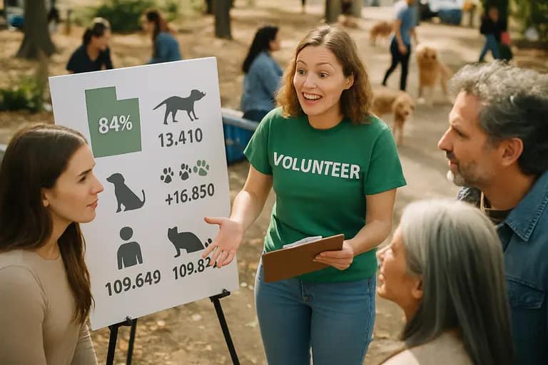 Shelter team members reviewing adoption paperwork at a community pet event