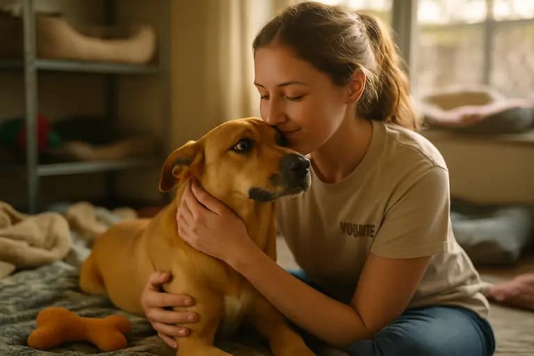 Volunteer greeting an adopter near a kennel with a relaxed shelter dog