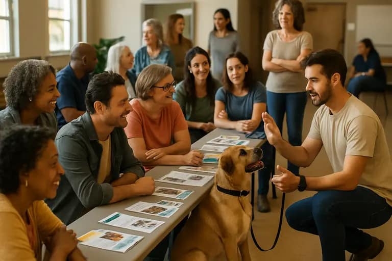 Volunteers greeting families at a community pet adoption event