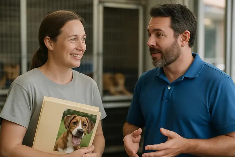 Caregiver talks with shelter staff while holding a pet information folder