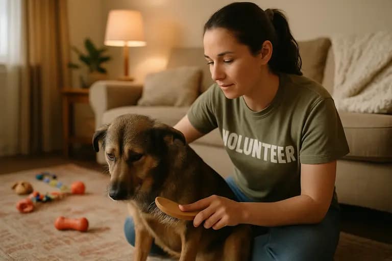 Foster caregiver gently holding a brush near a relaxed medium-size dog
