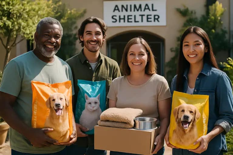 Neighbors sorting pet food, towels, and toys for a shelter donation table