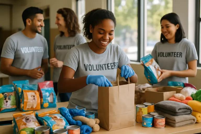 Volunteer sorting pet supplies beside folded blankets and clean bowls