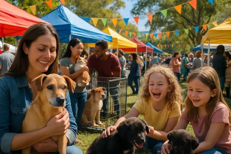 Adoption event table with pet supplies, carriers, and volunteers assisting visitors