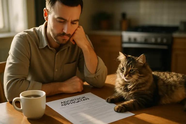 Adopter reading pet care notes at home near food bowls and a leash