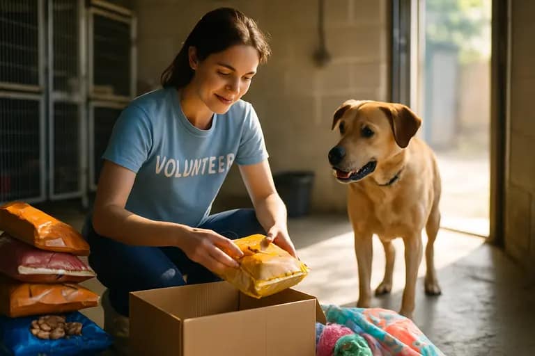 Volunteer sorting clean blankets and pet supplies on shelter shelves