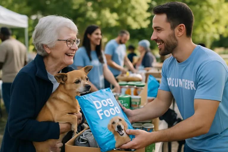 Volunteers sorting donated pet food and blankets at a shelter